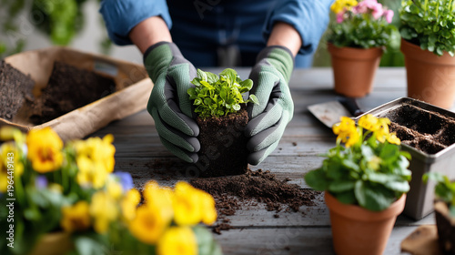 a photograph of someone planting plants while wearing gardening gloves, with potting mix in the background and some flower pots scattered around on a table, taken from a top-down,