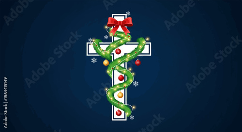 White cross adorned with festive Christmas garland, lights, and ornaments