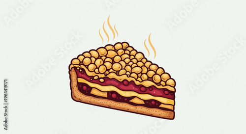 A pixel art slice of a steaming fruit crumble pie with layered filling