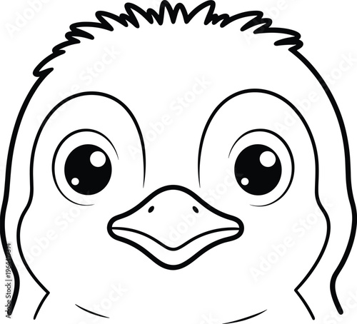 Cute duck face close up cartoon character line art illustration for kids coloring page adorable animal head design