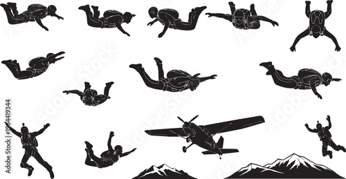Dynamic silhouette graphics depicting the incredible journey of skydivers in various freefall poses, showcasing the thrill of extreme aerial sports and daring adventures against a mountainous backdrop