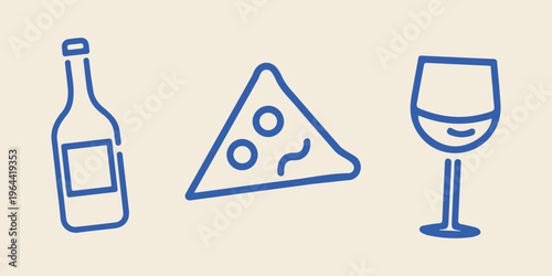 Wine pizza slice and glass doodle icons simple vector set Doodle food icons wine bottle pizza slice and glass illustration
