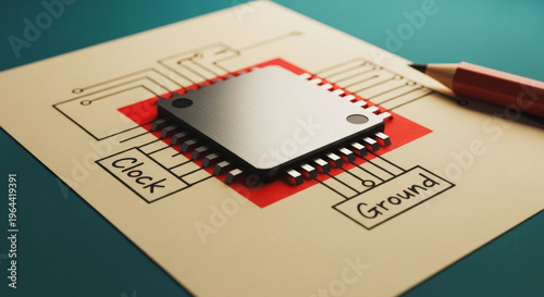 Microprocessor Component Sitting on Technical Schematic Diagram for Hardware Engineering and Electronic Prototype Design