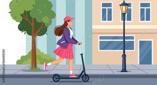 Illustration of a young woman riding an electric scooter down a city sidewalk with a tree and streetlamp