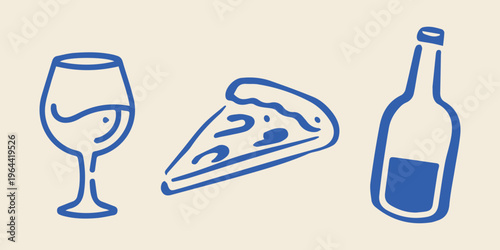 Wine pizza slice and glass doodle icons simple vector set Doodle food icons wine bottle pizza slice and glass illustration