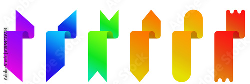 カラフルなグラデーションで表現された折り返しリボン風の立体図形バリエーションセット（モダンデザイン素材）