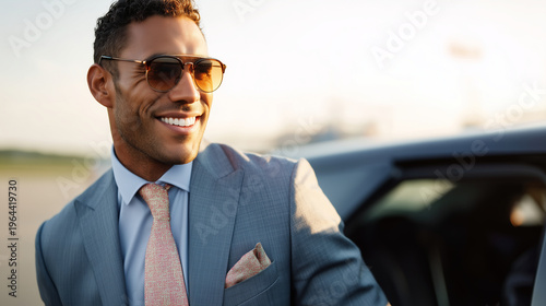 rich multimillionaire wearing a nice suit coming out of a car