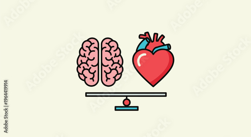 Brain and heart on a balance scale weighing emotions and thoughts