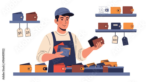 The Wallet Vendor: A vendor meticulously presents an array of wallets for sale, inviting potential customers to explore the assortment of leather goods.