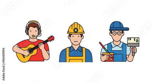 Three cartoon men in different professions.