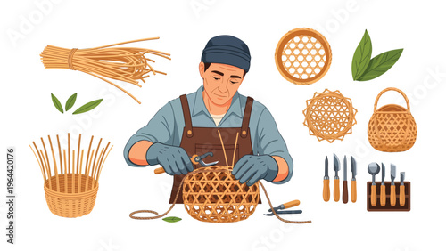 Artisan Crafting: A skilled artisan meticulously weaves a wicker basket, surrounded by tools and materials, embodying the art of craftsmanship and handmade tradition.
