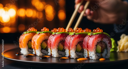 sushi on a plate,Salmon and Tuna Sushi Roll – Japanese Cuisine Photography
