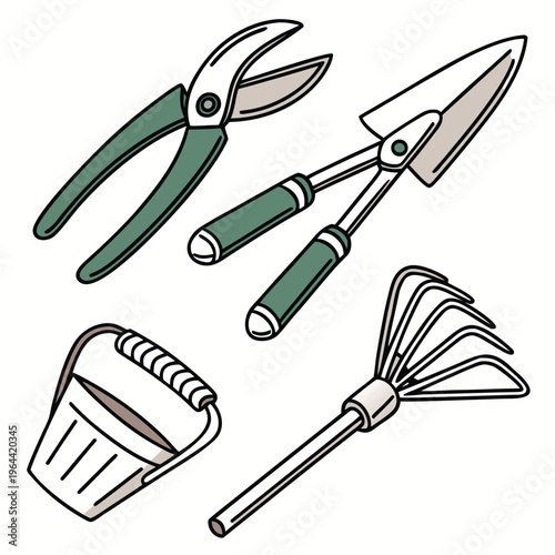 Gardening tools collection: secateurs, trowel, rake, bucket