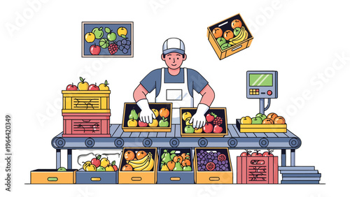 Fruit Processing Line: A diligent individual meticulously inspects and sorts a vibrant array of fresh fruits along a conveyor belt in a bustling food processing facility. This image reflects industry.