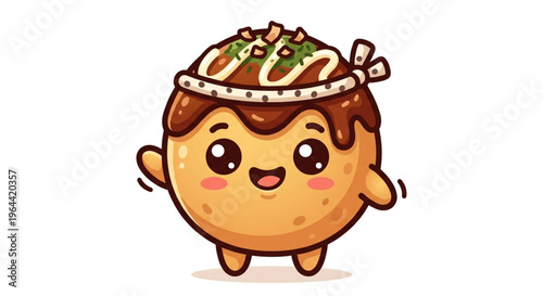 Cute Kawaii Takoyaki Character Mascot, Happy Japanese Octopus Ball Vector Illustration isolated on White Background