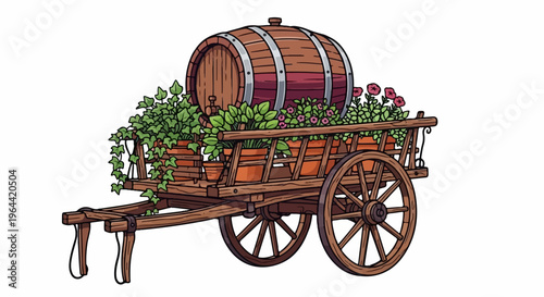 Wooden cart carries a large barrel and potted plants with greenery and flowers