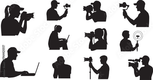 Dynamic vector silhouettes of photographers, videographers, and content creators actively engaged in digital media production with cameras, gimbals, and laptops