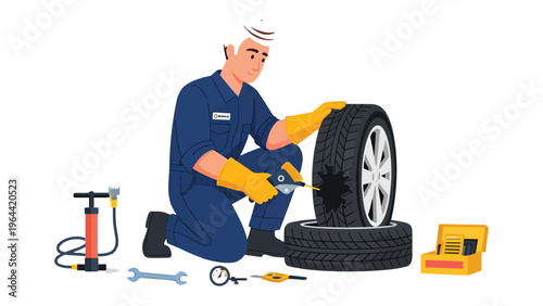 Tire Repair Technician at Work: An skilled technician focuses on fixing a tire in a garage, demonstrating expertise and precision.