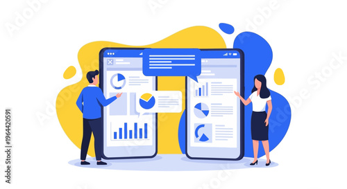 Illustration of a man and woman analyzing data on large smartphones with graphs and charts on a colorful background.