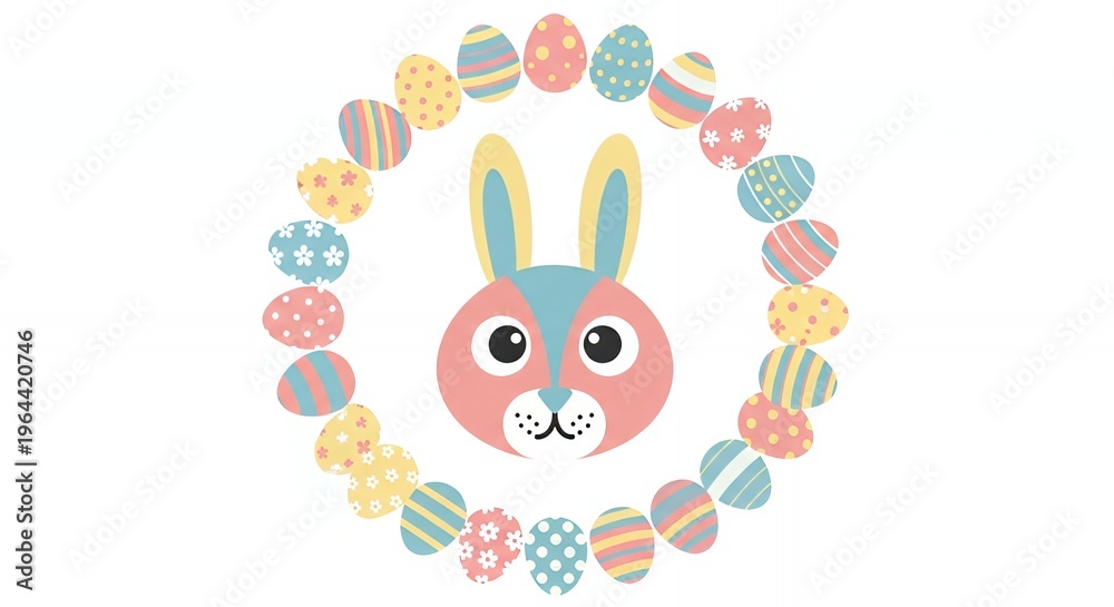 Fototapeta premium Cute Bunny Face Surrounded by Colorful Easter Eggs in Circular Pattern for Spring Holiday Celebrations
