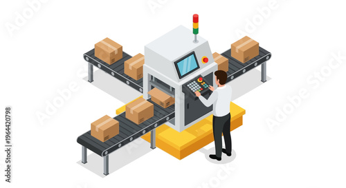 Isometric view of a worker operating a package scanning machine on a conveyor belt in a warehouse