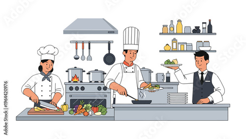 Culinary Team in the Kitchen: Inside a bustling restaurant kitchen, culinary professionals work together preparing exquisite dishes.