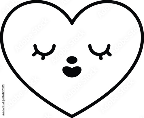 Cute heart face with closed eyes and smile expression simple cartoon icon for love emotion design line art, vector illustration