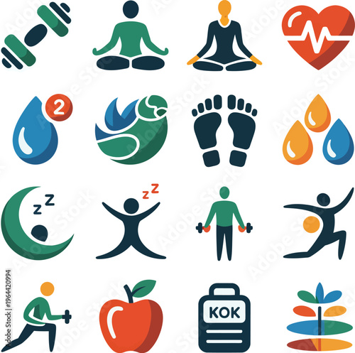 Essential fitness, health, and wellness icons for balanced living, yoga, exercise, and mind-body harmony