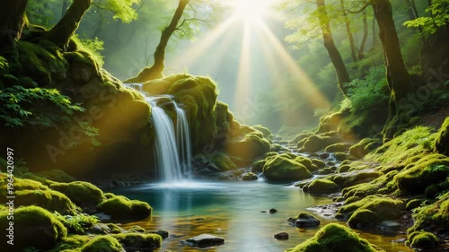 Gentle sunrays streaming through green forest canopy over mossy rocks and trickling stream forming a small waterfall, calm enchanted morning atmosphere