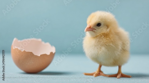 Chick hatches from egg and stands next to eggshell on blue background