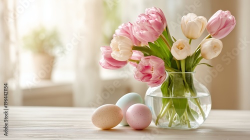 Colorful tulips with decorative eggs on a table in a bright room during springtime