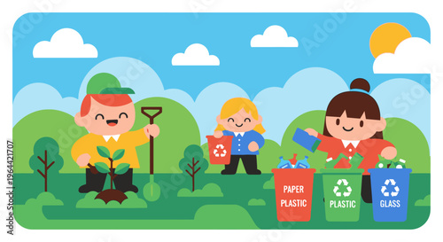 People recycle and plant trees outdoors in a sunny park with friends