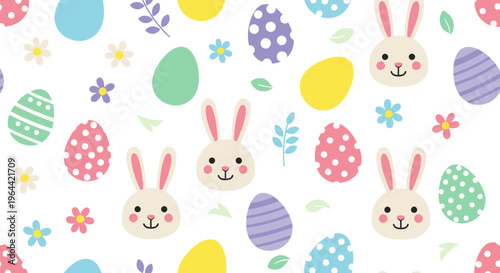 Easter celebration features colorful eggs bunnies flowers and leaves on a white background