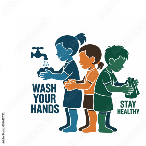 Wash your hands stay healthy educational poster with colorful silhouettes of kids practicing hygiene at a faucet for wellness and safety awareness