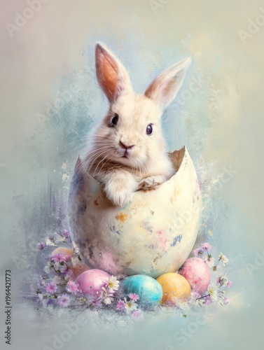 Bunny emerges from painted egg with colored eggs around it on a soft background during springtime celebration
