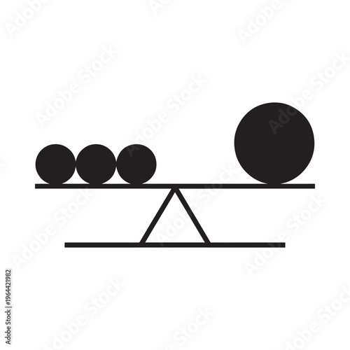 A simple black and white illustration of a seesaw with spheres