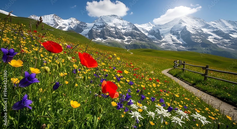 Fototapeta premium Scenic mountain meadow with vibrant wildflowers and snow-capped peaks.