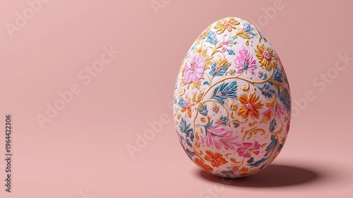 Decorative egg with colorful floral design displayed against a soft background