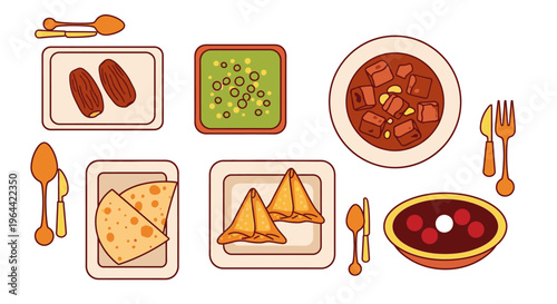 A vibrant illustration of assorted Food dishes on plates with utensils.
