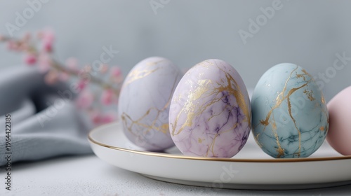 Colorful easter eggs on a plate beside a flower branch with pink blossoms during springtime