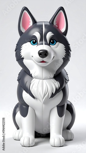 A cute cartoon dog, possibly a Siberian Husky, sits upright with a smiling face. Its fur is gray and white. It has blue eyes