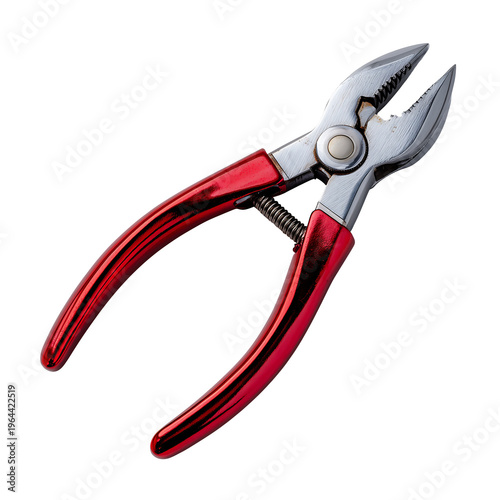 A pair of red handled needle-nose pliers with metal jaws are gripping