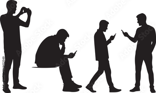 Silhouettes of people using smartphones, mobile phone addiction, social media obsession, isolated black vector icons