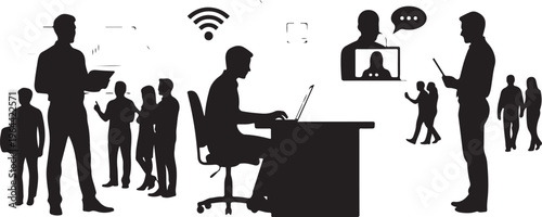 Business people, office workers, communication icons, vector silhouettes, teamwork illustrations