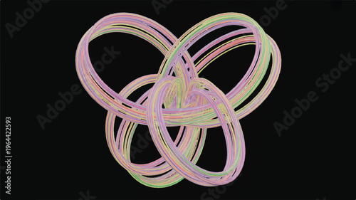 A 3D rendered abstract digital art piece featuring a complex interweaving of glowing neon lines forming a butterfly-like shape against a pure black background