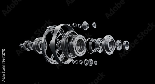 A disassembled mechanical component with gears and parts on transparent background