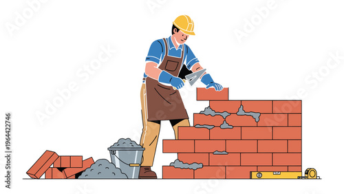 Bricklayer at Work: A skilled bricklayer meticulously lays bricks, carefully crafting a sturdy wall, showcasing precision and craftsmanship in the construction process.