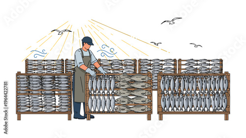 Coastal Catch: A dedicated artisan meticulously arranges fresh fish for the drying process in a picturesque coastal setting, embodying the traditions of fishing and food production.