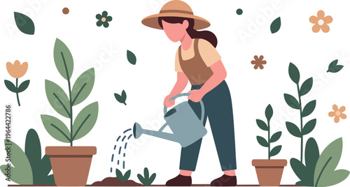 Woman Gardener Watering Potted Plants in a Beautiful Outdoor Garden Scene