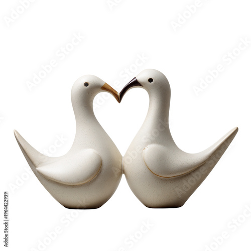 Two ceramic birds facing each other forming a heart isolated on transparent background